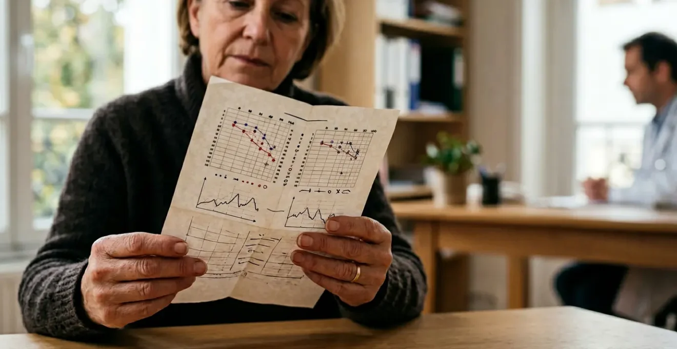 Patient analysant son audiogramme avec courbes auditives et symboles médicaux