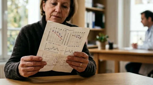 Patient analysant son audiogramme avec courbes auditives et symboles médicaux