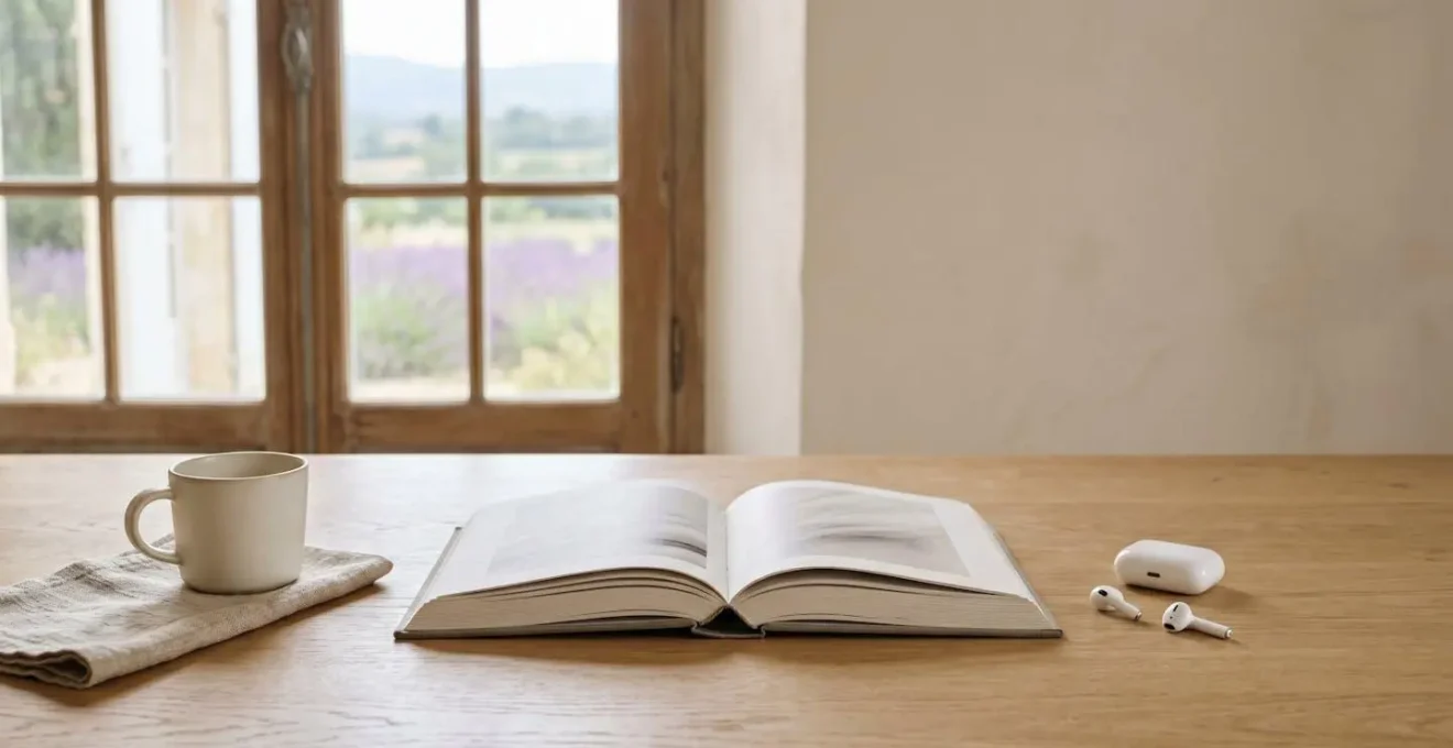 Livre papier ouvert posé sur une table en bois avec écouteurs sans fil à proximité dans une lumière naturelle douce