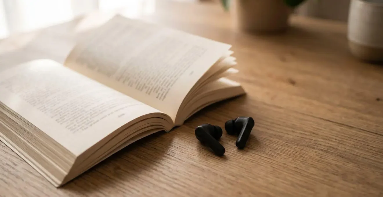 Livre ouvert avec des écouteurs posés à côté sur une table en bois