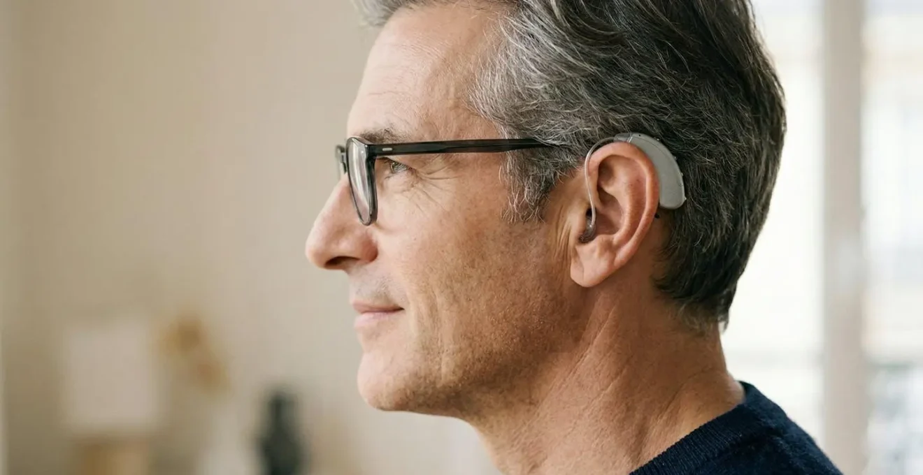 Appareil auditif micro-contour RIC moderne derrière l'oreille, design discret et élégant