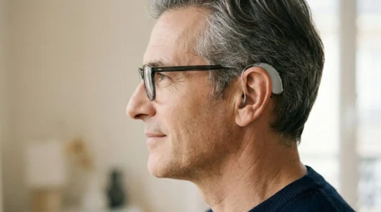 Appareil auditif micro-contour RIC moderne derrière l'oreille, design discret et élégant