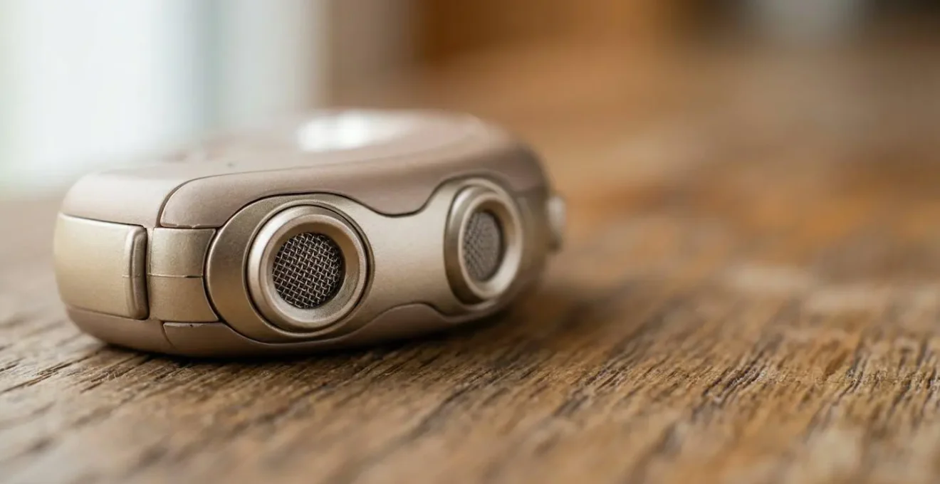 Appareil auditif moderne avec microphones directionnels intégrés dans un environnement lumineux