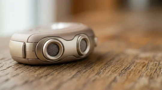 Appareil auditif moderne avec microphones directionnels intégrés dans un environnement lumineux