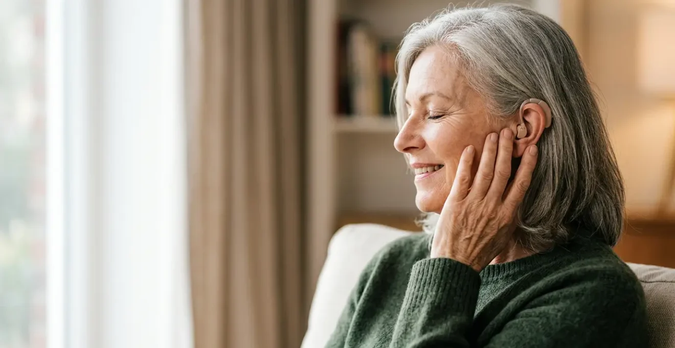 Personne portant des appareils auditifs écoutant de la musique avec une expression de concentration et d'émotion