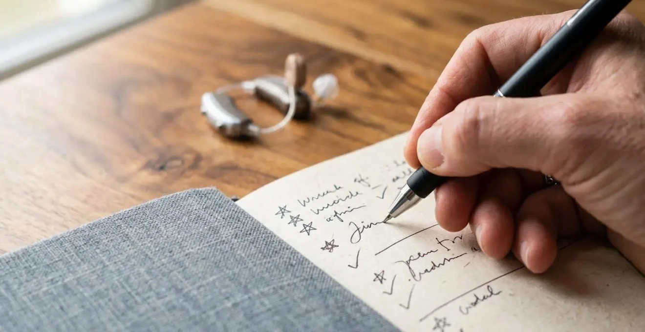 Carnet ouvert avec notes manuscrites sur l'adaptation à un appareil auditif dans différents environnements sonores