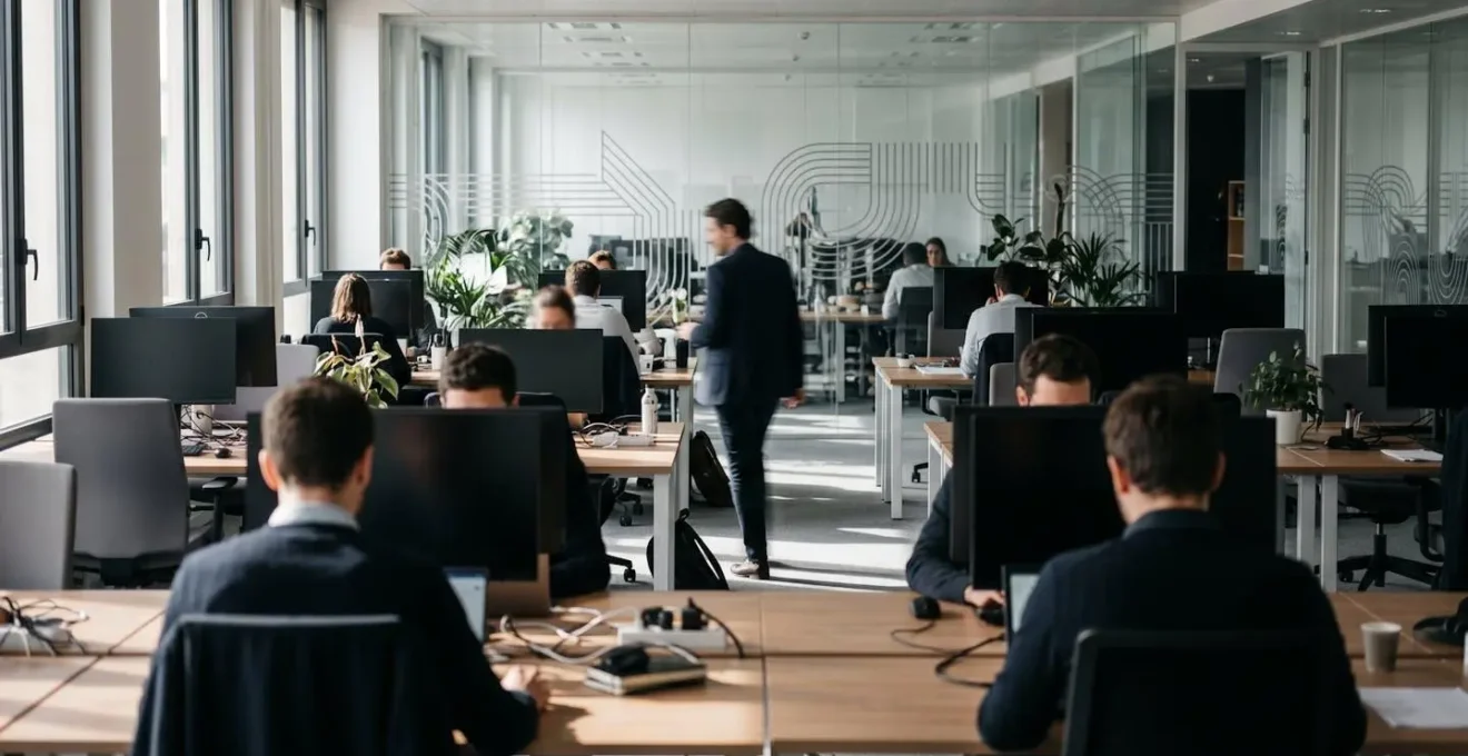 Environnement de bureau ouvert moderne avec lumière naturelle et contexte acoustique