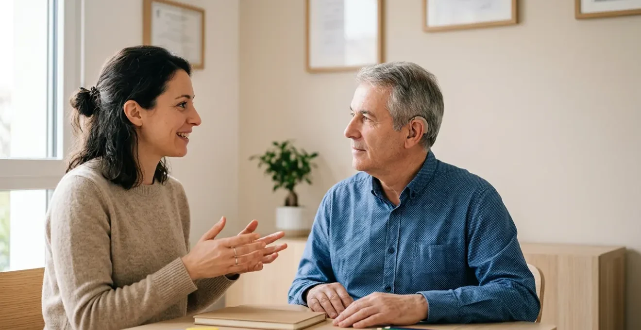 Orthophoniste en séance de rééducation avec un patient adulte sourd, communication bienveillante et professionnelle