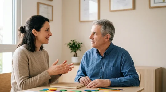 Orthophoniste en séance de rééducation avec un patient adulte sourd, communication bienveillante et professionnelle