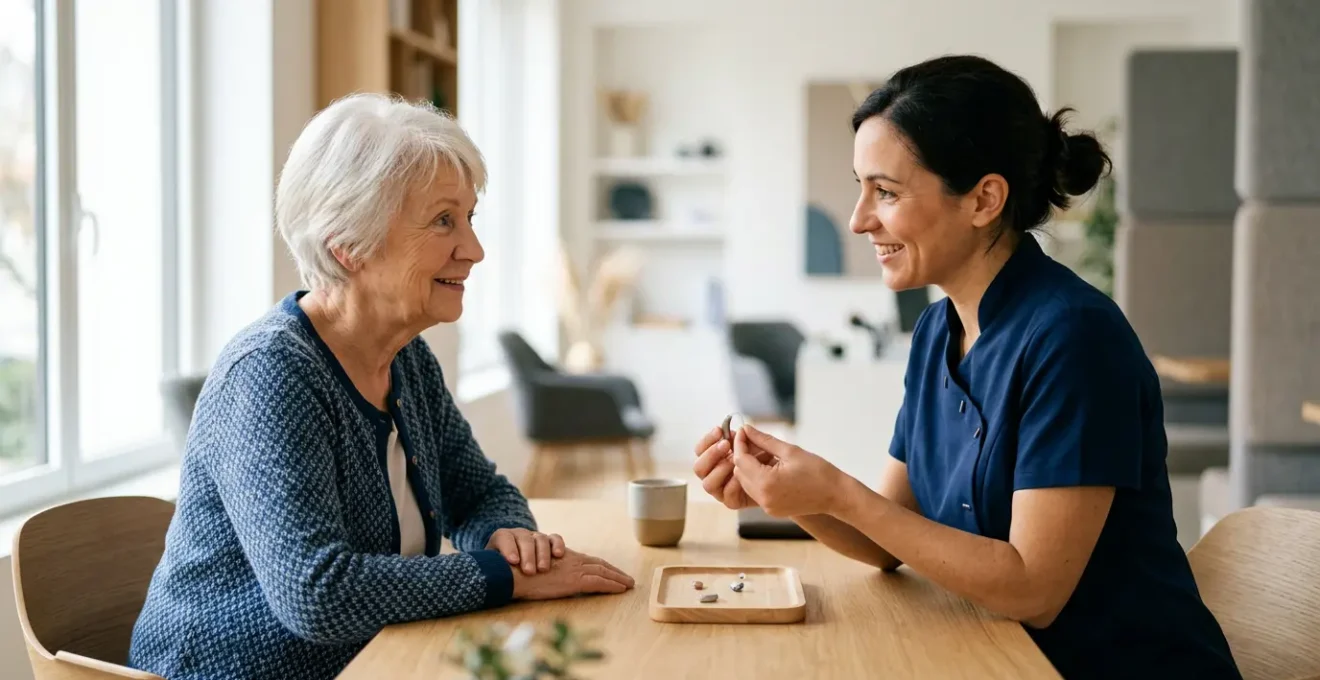 Personne senior consultant un audioprothésiste dans un centre auditif moderne en France