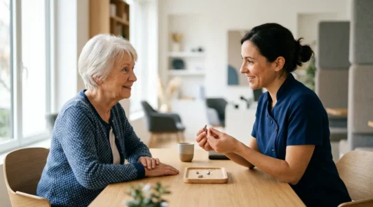 Personne senior consultant un audioprothésiste dans un centre auditif moderne en France