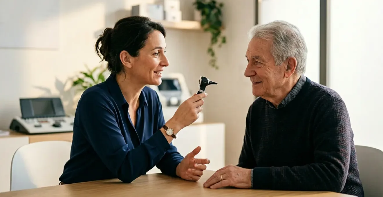 Professionnel de santé audioprothésiste lors d'une consultation personnalisée avec un patient