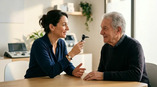 Professionnel de santé audioprothésiste lors d'une consultation personnalisée avec un patient