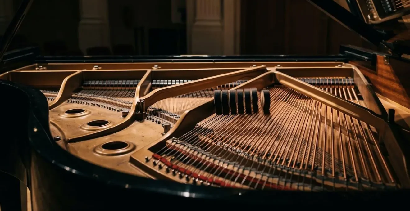 Gros plan sur les cordes et le mécanisme intérieur d'un piano acoustique lors d'une performance