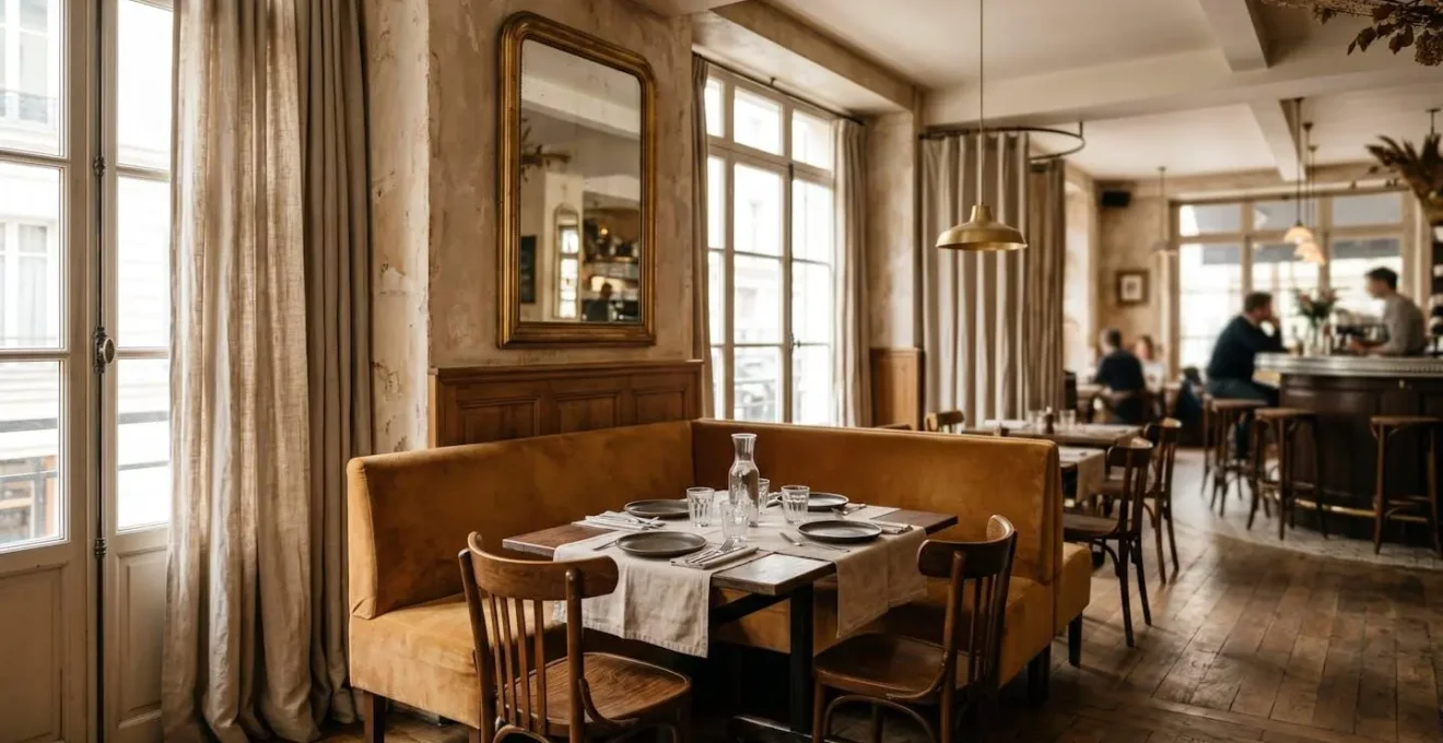 Scène de restaurant français avec placement stratégique illustrant l'acoustique favorable pour les appareils auditifs