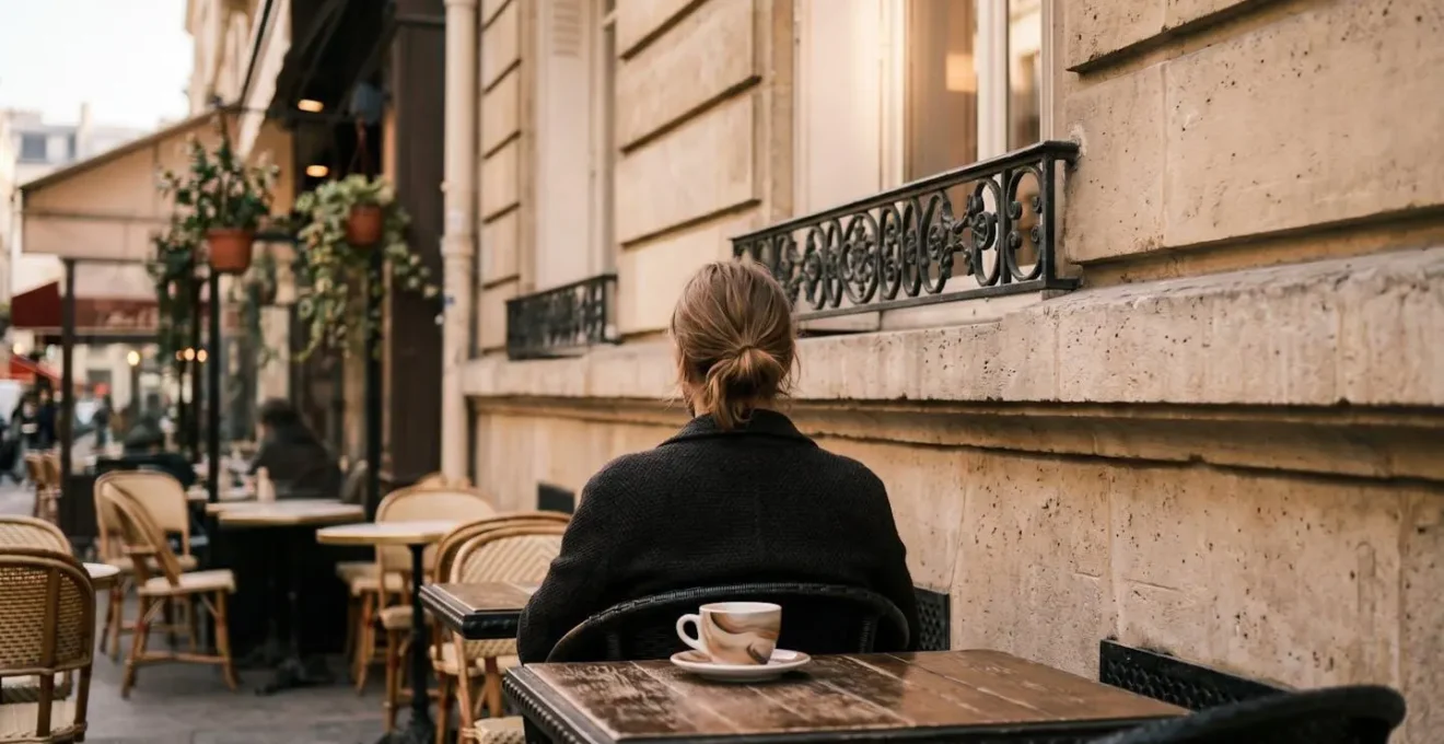 Positionnement stratégique dos au mur sur une terrasse de café parisien pour optimiser la directivité des microphones