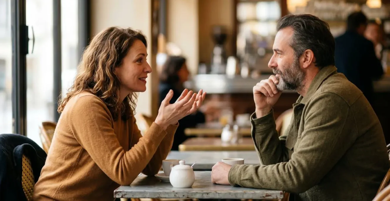 Scène intimiste montrant une conversation entre deux personnes dans un café français, illustrant les défis de compréhension de la parole liés à la presbyacousie