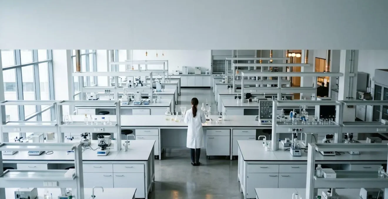 Environnement de laboratoire minimaliste avec équipements scientifiques suggérant la recherche en neurosciences auditives