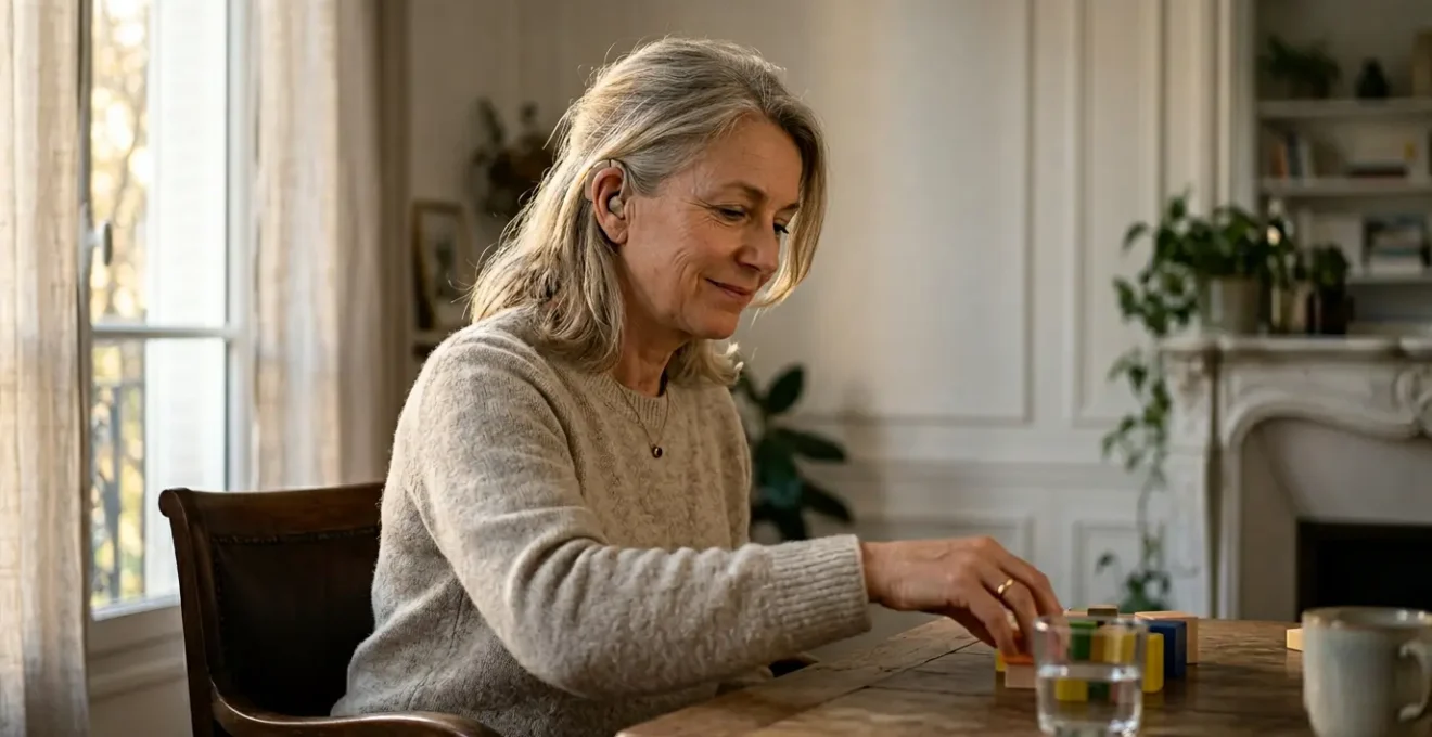 Personne portant un appareil auditif moderne dans un environnement calme et lumineux