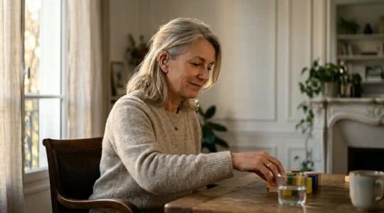 Personne portant un appareil auditif moderne dans un environnement calme et lumineux