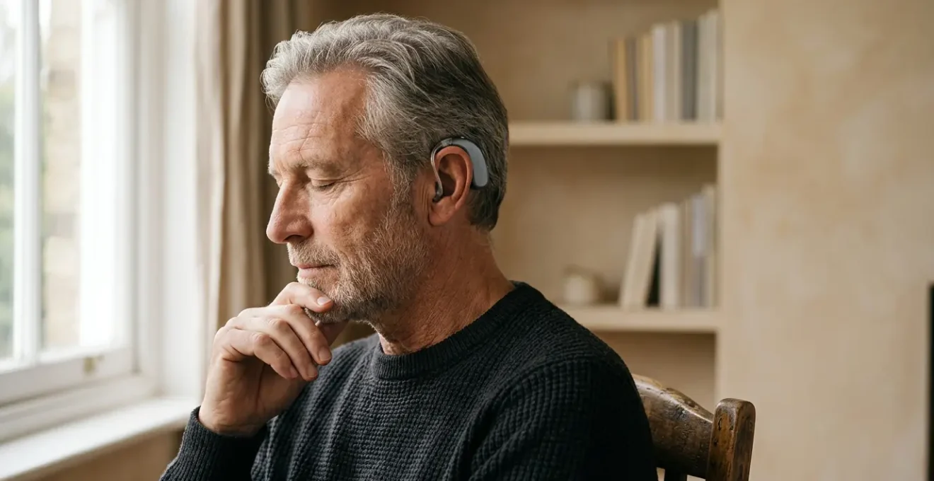 Personne portant un appareil auditif moderne dans un environnement lumineux