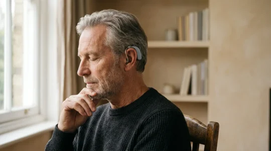 Personne portant un appareil auditif moderne dans un environnement lumineux