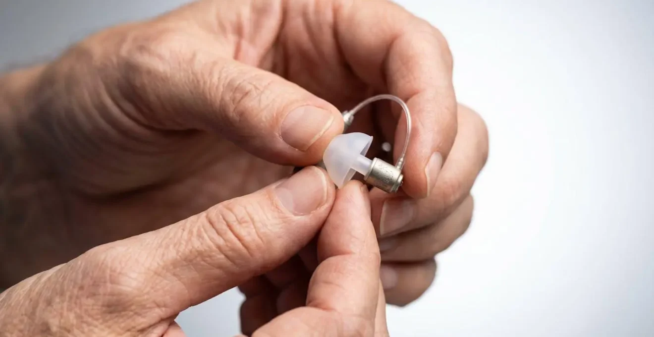 Gros plan sur les mains remplaçant un dôme d'écouteur d'appareil auditif RIC