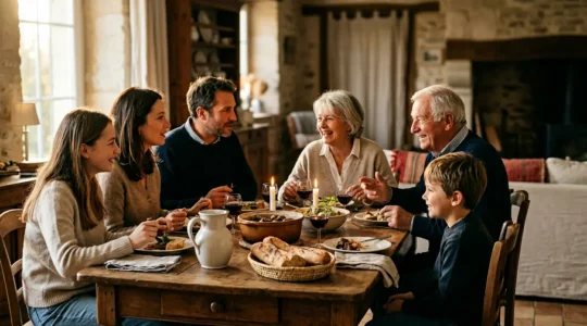 Conversation familiale chaleureuse autour d'une table de repas française avec échanges visuels bienveillants