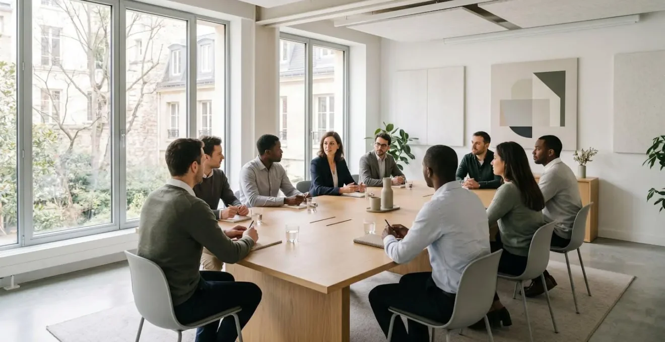 Réunion professionnelle hybride avec dispositifs de communication adaptés et environnement visuel optimisé