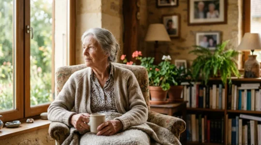 Personne senior sereine à domicile, illustrant l'importance de l'audition pour le maintien à domicile