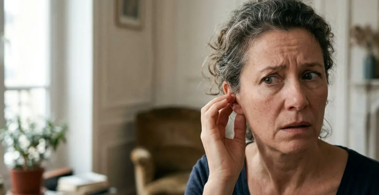 Personne touchant son oreille avec une expression d'inconfort et d'inquiétude face à une perte auditive soudaine