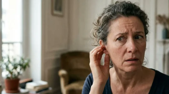 Personne touchant son oreille avec une expression d'inconfort et d'inquiétude face à une perte auditive soudaine