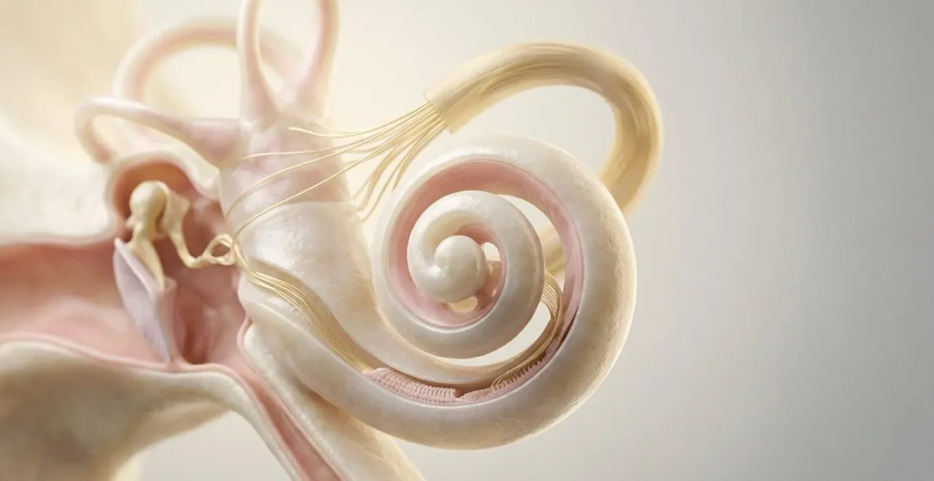 Représentation médicale de l'oreille interne et du nerf auditif illustrant la surdité de perception