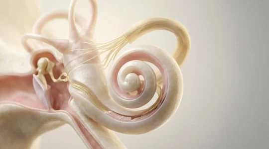 Représentation médicale de l'oreille interne et du nerf auditif illustrant la surdité de perception
