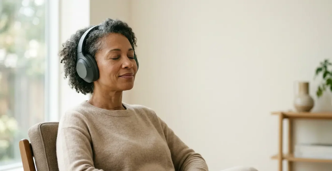 Personne portant un casque audio dans un environnement calme, illustrant la thérapie sonore pour les acouphènes