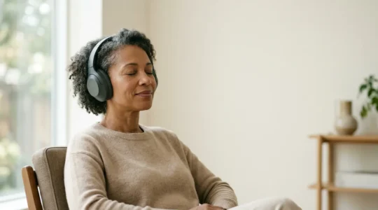 Personne portant un casque audio dans un environnement calme, illustrant la thérapie sonore pour les acouphènes