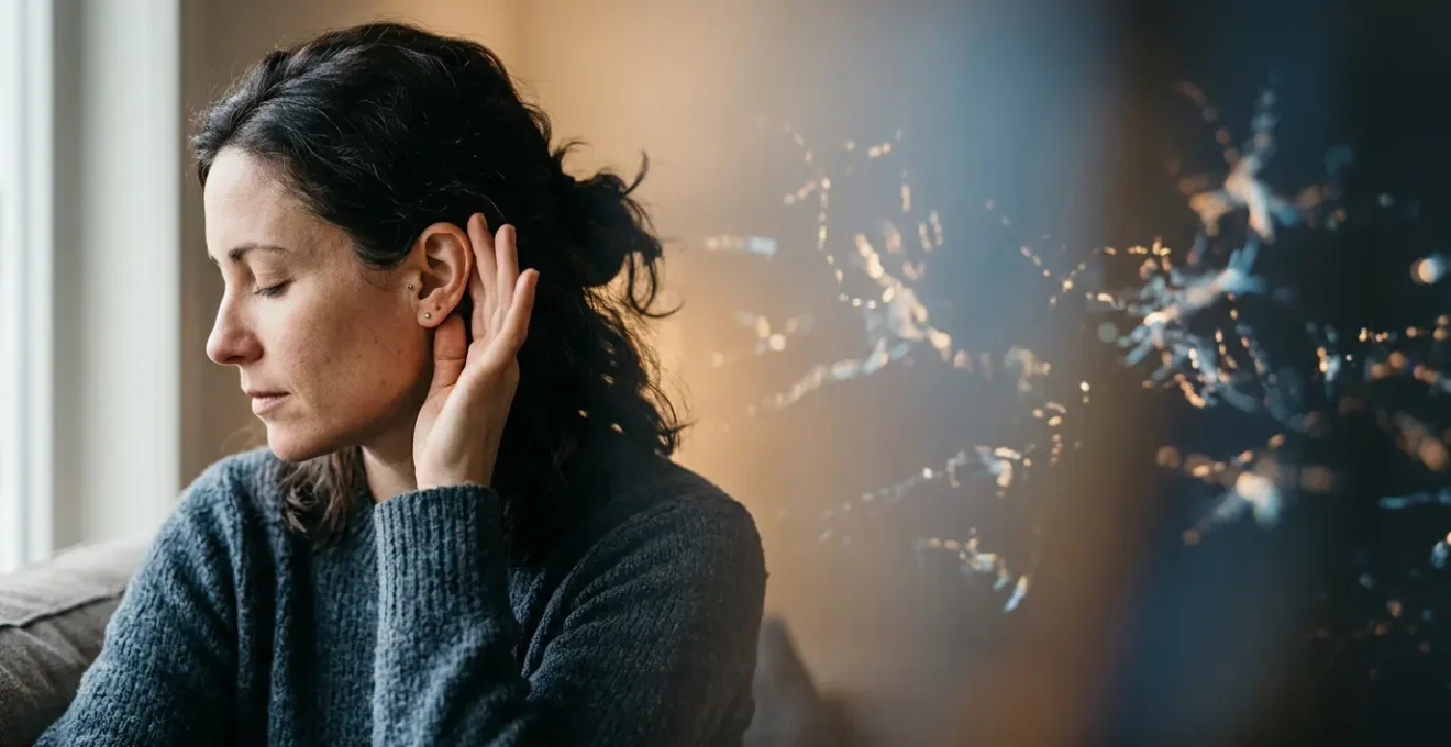 Illustration conceptuelle du trouble du traitement auditif montrant la dissociation entre la perception auditive et le traitement cérébral