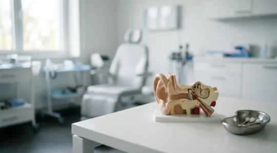 Illustration médicale montrant l'anatomie de l'oreille avec le tympan