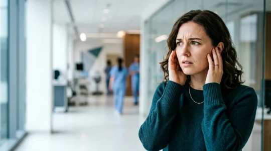 Personne avec douleur auditive dans un environnement médical urgent nécessitant traitement rapide