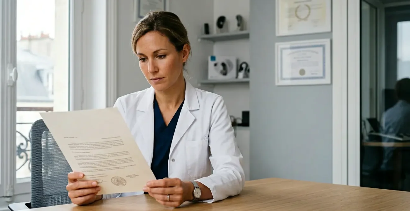 Professionnel de santé auditive examinant attentivement un document de certification dans un environnement médical moderne