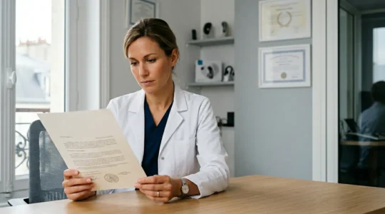 Professionnel de santé auditive examinant attentivement un document de certification dans un environnement médical moderne