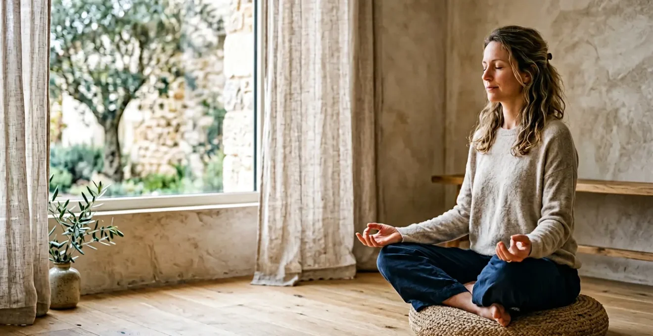 Personne méditant dans un environnement calme et apaisant pour gérer le stress lié aux acouphènes
