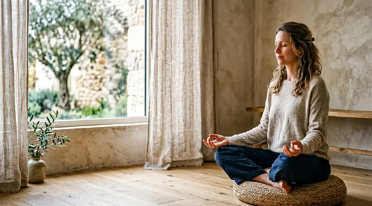 Personne méditant dans un environnement calme et apaisant pour gérer le stress lié aux acouphènes