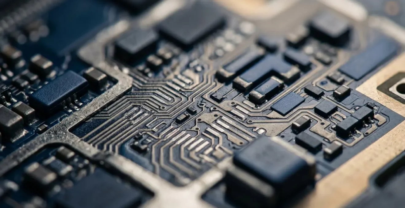Gros plan macro sur des composants technologiques évoquant le traitement sophistiqué du son
