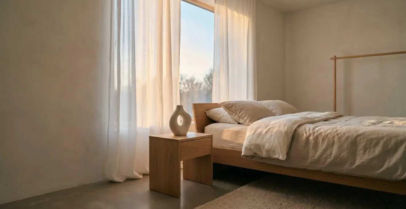 Chambre minimaliste au crépuscule avec ambiance apaisante pour favoriser le sommeil malgré les acouphènes