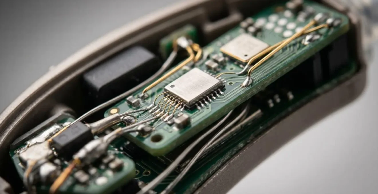 Vue macro détaillée des composants électroniques d'un appareil auditif moderne